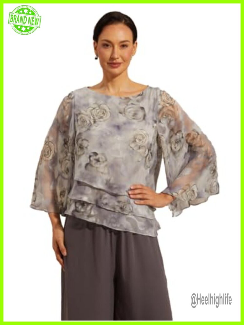 Floral Chiffon Blouse Bell Sleeve Layered Hem Dressy Casual Top